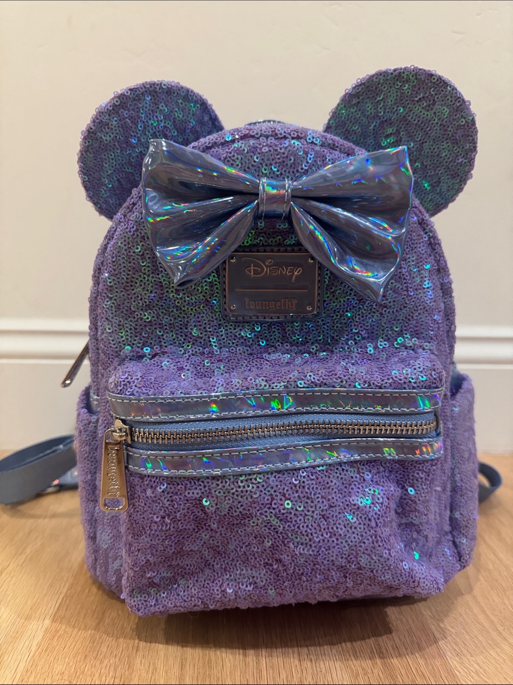 Loungefly Disney Purple Sequin Minnie Ear Mini Backpack with Holographic Bow